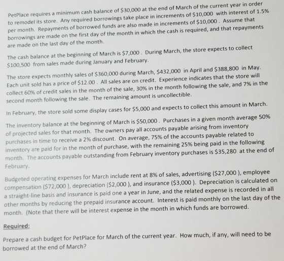 PetPlace requires a minimum cash balance of $30,000 at the end of March of the current year in order to remodel its store. An