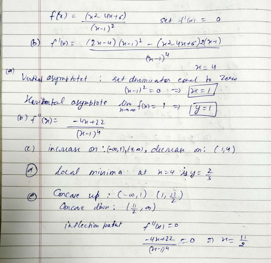 f(x) = (x2 UM+6) set fm = 0 (-1)2 fme (24-4) (0-102 - (212_4u+6)2(x4) (6) Eco i 2=4 Vertical asymptotet : set drominator eq
