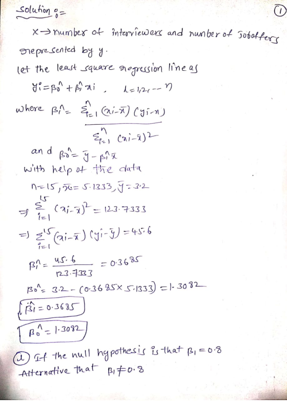 solution of o x= number of interviewers and number of Joboffers represented by y let the least square regression line as yi=B