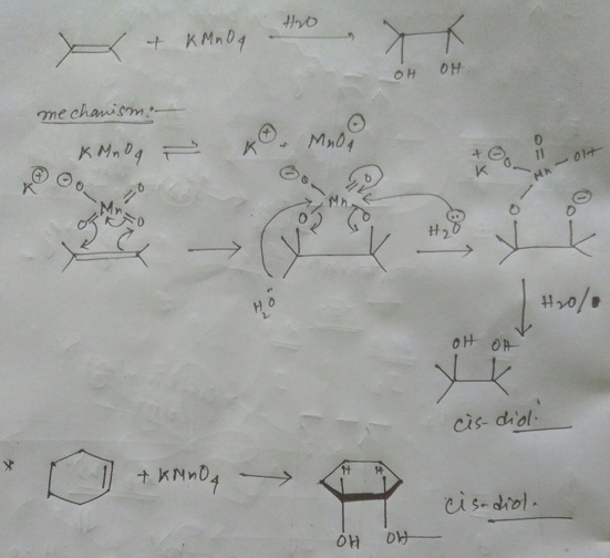 Hy + KMnO4 OH mechanism KMnog MnO4 un 420/0 OH OH cis-diol. + KMnO4 cisodiol. он он-