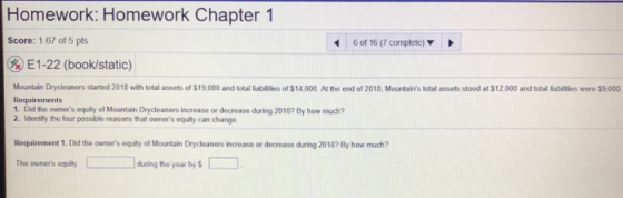 Homework: Homework Chapter 1 Score: 1.67 of 5 pts %E1-22 (book/static) 6 of 16 (7 complete) Mountain Drycleaners started 2018