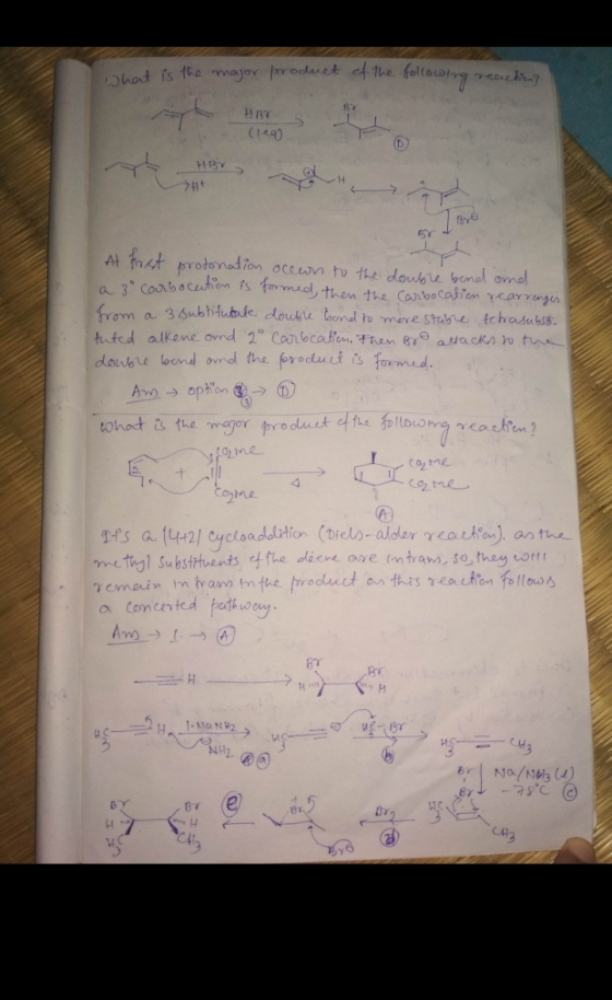 What is the major product of the following reachen? HBY (leno HBY 741 I Bré 3 At first protonation occwn to the double bend a