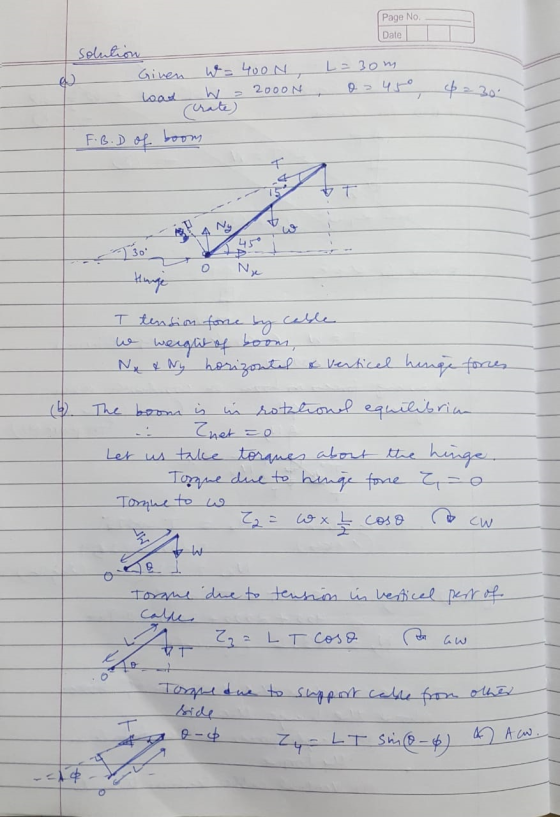 Page No. Date solution Given w=400N, load W = 2000N crate) F.B.D of boom L= 3om 0-45° 6230. V 450 Ne - T tension force by cab