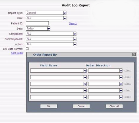 Audit Log Report Search Report Type: General User: ALL Patient : Date: Today Component: SubComponent: ALL Action: ALL ISO Dat