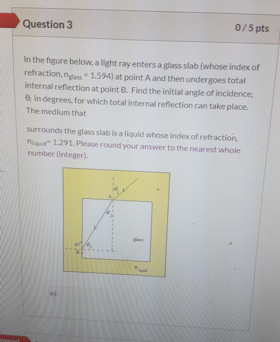 Question 3 0/5 pts In the figure below, a light ray enters a glass slab (whose index of refraction, nglass = 1.594) at point
