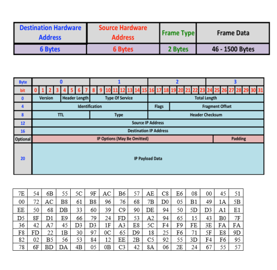 Destination Hardware Address Frame Type Frame Data Source Hardware Address 6 Bytes 6 Bytes | 2 Bytes 46 - 1500 Bytes Byte bit