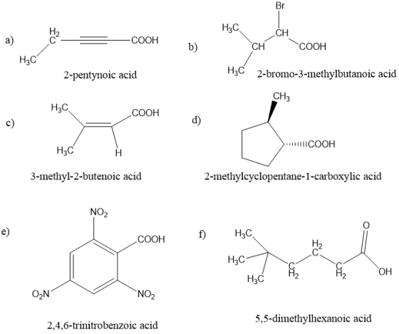 Br 1 H₃C a) CH = -COOH b) CH COOH H3C 2-pentynoic acid H3C 2-bromo-3-methylbutanoic acid CH3 HzC COOH d) c) [ ||||||COOH coo: