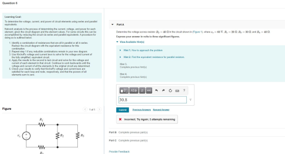 Question 6 Part A Determine the voltage across resistor R2 = 40 2 in the circuit shown in (Figure 1), where us = 60 V, R1 = 2