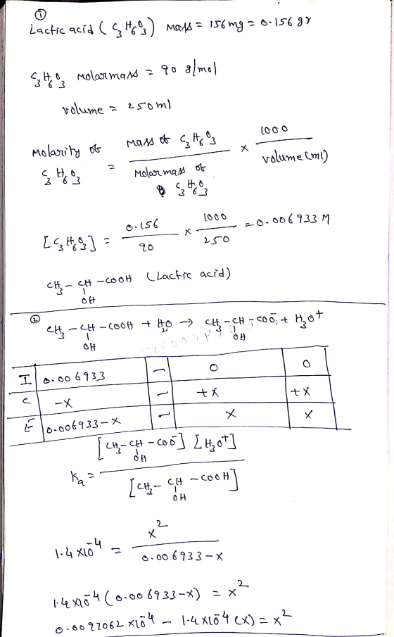 Lactic acid (SH63) Mads = 156 mg = 0.15687 34 Molarmand = 90 g/mol volume = 250ml 1000 mass of G Ho molarity of ç Ho G volume