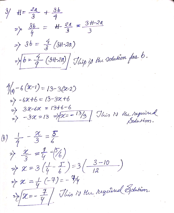 zy be = #za = 34-24 34 36 = 1 (34-20) =y/bez Ź (34-20)/ Thip is the solution for b. 7-6(-1) = 13-362-2) 24-6X+6 = 13-3% +6 24