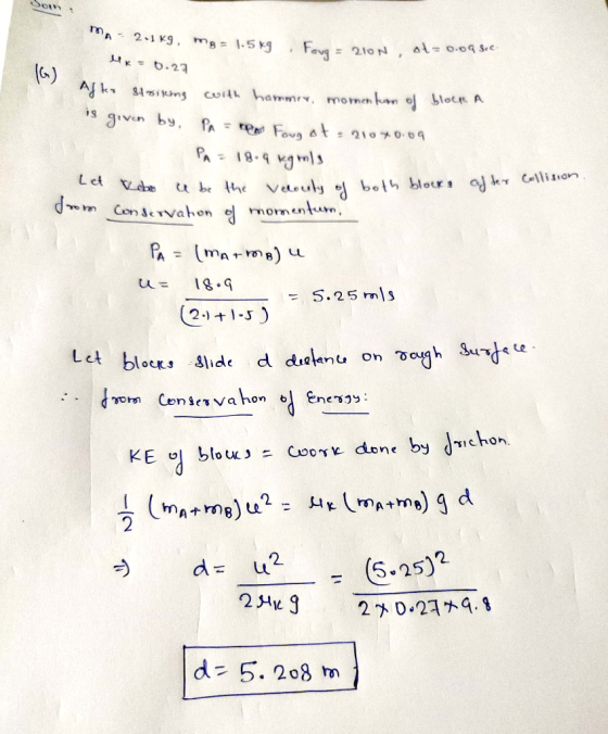 Soin A2.1kg, mg= 1.5kg Fova = 210N at 0.09 sec UK = 0.27 (G) After sto After striking with hammen, momentum of block A is giv