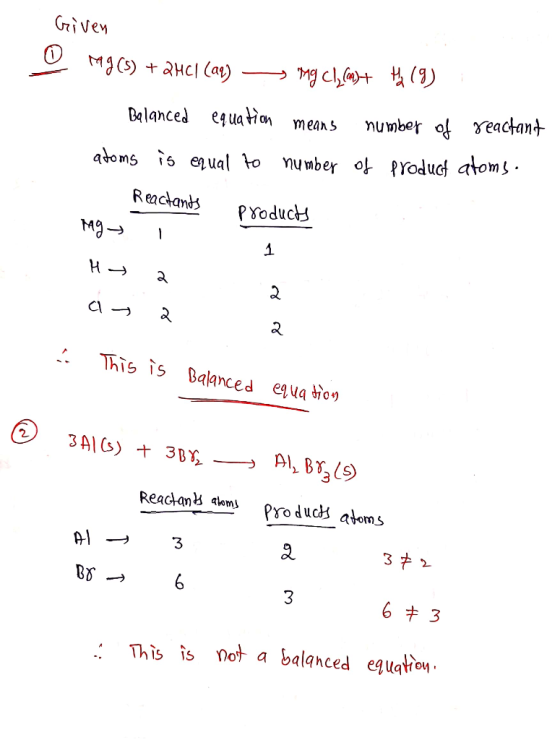 Griven M9CS)aHCI (ar) Cl (9) number of eactant Balanced equation means atoms s eual to number of PYoducf atoms Reactands Prod