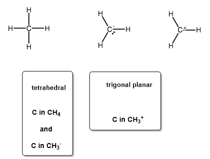 trigonal planar tetrahedral C in CH4 and C in CH3 C in CH3