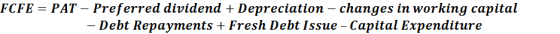FCFE = PAT – Preferred dividend + Depreciation - changes in working capital – Debt Repayments + Fresh Debt Issue - Capital Ex