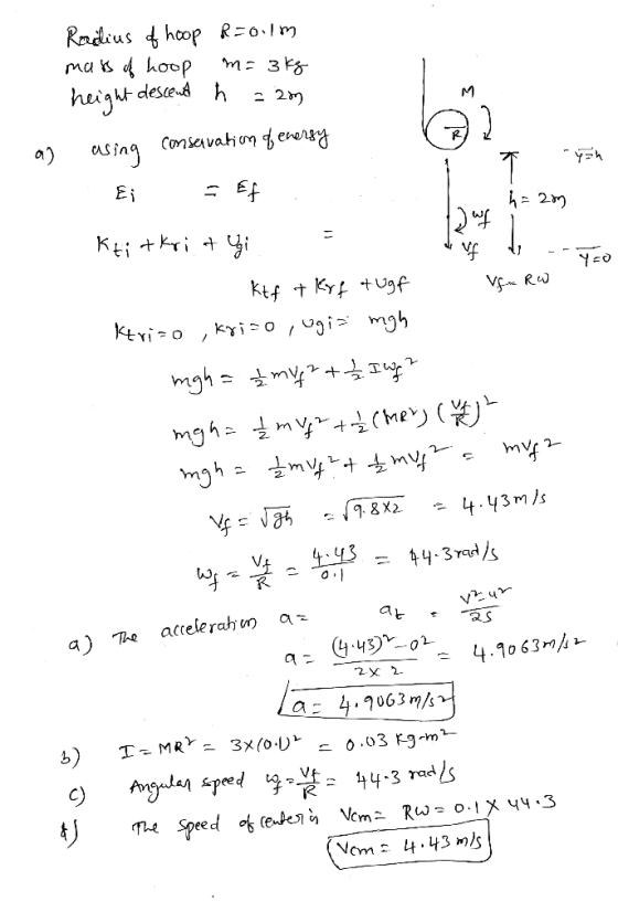 Radius of hoop R=o.im ма кq kop мг 3% height descend h = am as using conservation of enersy Ei = Ef . . h = 2m Dowf dvf Keit