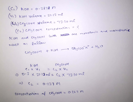 (c) Kon=0-3838 m (vi) kon volume = 31.13 me (2) Chacoon Volume=73.10 me (C2) Chacoon concentration = ? Kon and Chacoon Goth t