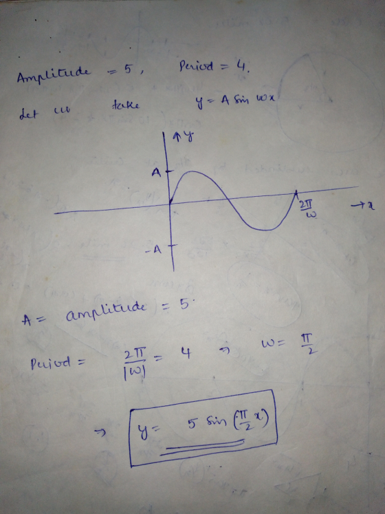 Amplitude - 5 Period = 4. Let us take y= A sin wa ay a AF amplitude, - 5. Period - 2 - 4 in w- 7 IWI o sancto