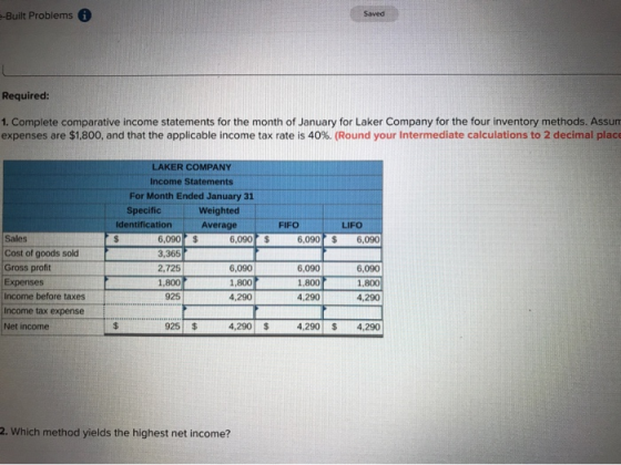 e-Built Problems Saved Required: 1. Complete comparative income statements for the month of January for Laker Company for the