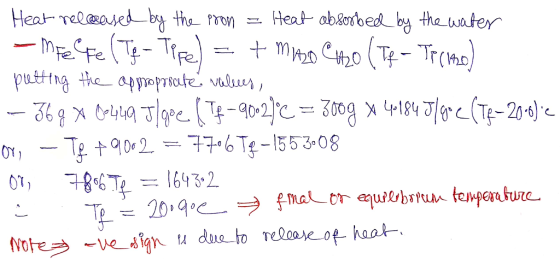 Heat relasased by the Prn Heat ab&obedby the water M200T Tr( puttng the apprprute valer, 36xTeT4-02 = 300g x 4184 gr (T£-204