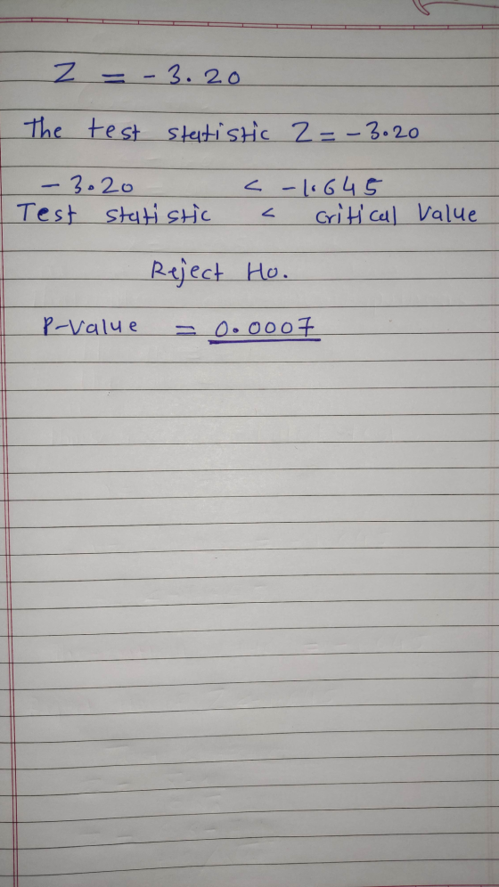 Z The = -3.20 test statistic 2=-3.20 - 3.20 Test statistic < -10645 a critical value I Reject Ho. p-value = 0.0007