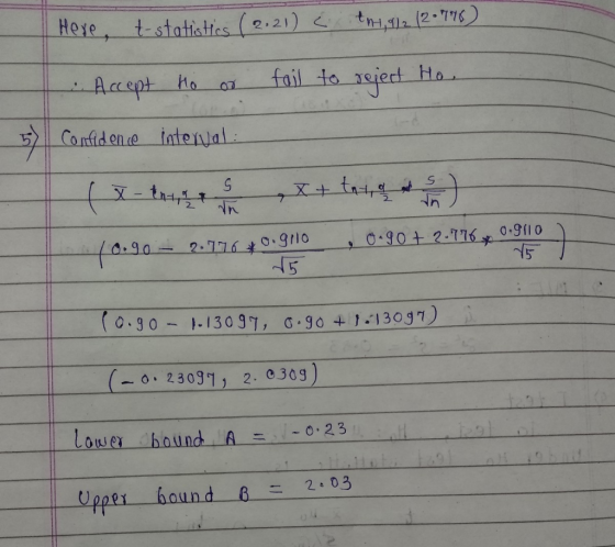 I Here, t-statistics (2.21) C tn 1,91212 • 776) .. Accept to or fail to reject Ho. 5) Confidence interval: grlo 10.90 – 2.716