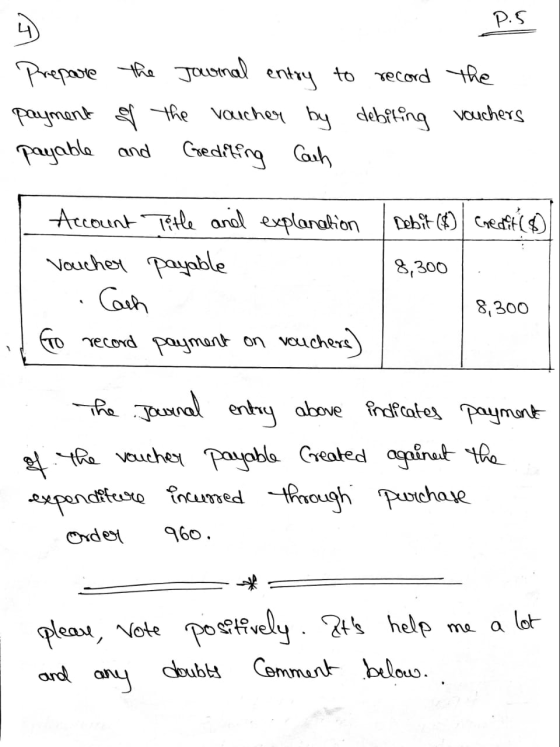 P.5 Prepare the Journal entry to record the payment of the voucher by debiting vouchers payable and Crediting Cash 8,300 Acco