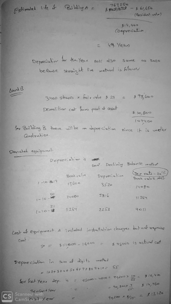 timated life of Building A a 76725 gustis- & 61,650 (Rosidial values $14,40 Coeprecation = 44. Year Depreciation as 2020 for