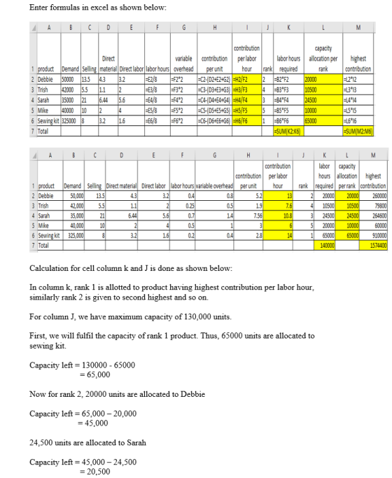 Enter formulas in excel as shown below contribution capacity abor hours allocation per highest variable contribution per Dire