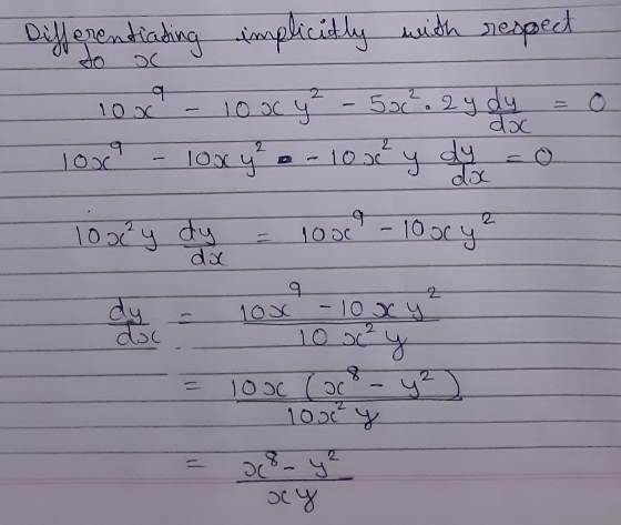 Differentiating implicitly with respect 9 10x 100 y² 50c².2 y dy doc o - 1000 dy 9 2 2 lox loxy 10.30 y 100x²y dy 10 с oco -