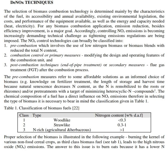 DeNOx TECHNIQUES The selection of biomass combustion technology is determined mainly by the characteristics of the fuel, its