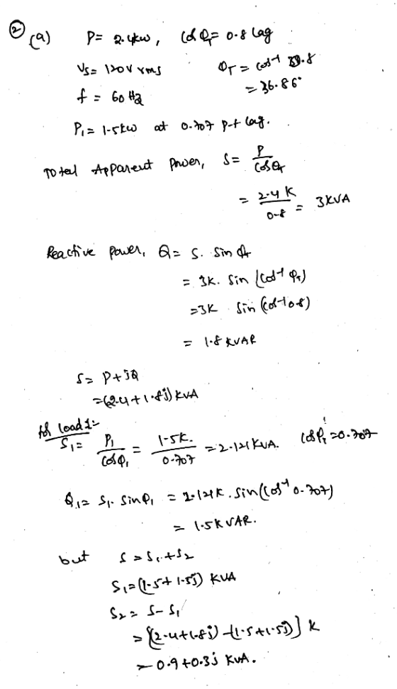 O cas 8= 2.4kw, color org lag: Us= tovams . Ora cost 28.8 f: 60 Ha = 36.86* ... Pixl-stw at 0.707 P-t lag.. to tel Apparent p
