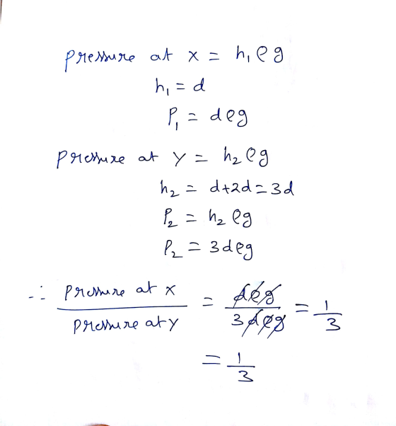 pressure at x = h, eg hi=d P,= deg pressure at y = hz eg h₂= d+2d=3d = hz eg P = 3 deg pressure at x - deg pressure aty 3, :