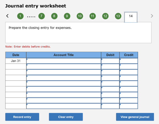Journal entry worksheet < 0 ..... O O O ® ® ® 14 Prepare the closing entry for expenses. Note: Enter debits before credits. D