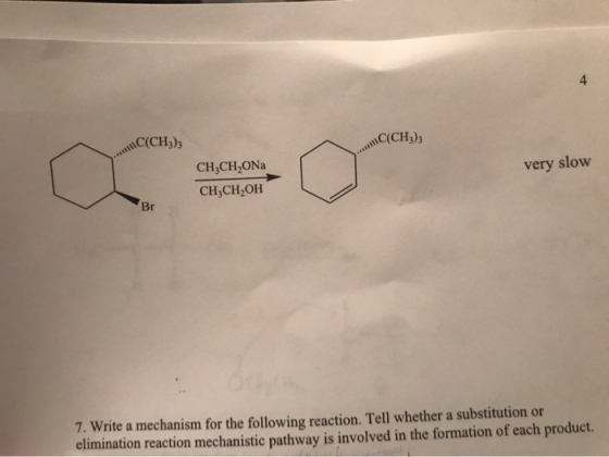 C(CH3)3 C(CH3)3 very slow CH,CH,ON CH3CH2OH Br 7. Write a mechanism for the following reaction. Tell whether a substitution o