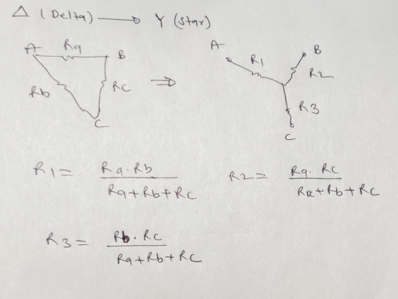 A l Delta) Y (star) R3 Ri= Ra. Rb Rat RbfRc R2 = Rq. RC Rat RRC Rb.Rc Rq+Rb+RC