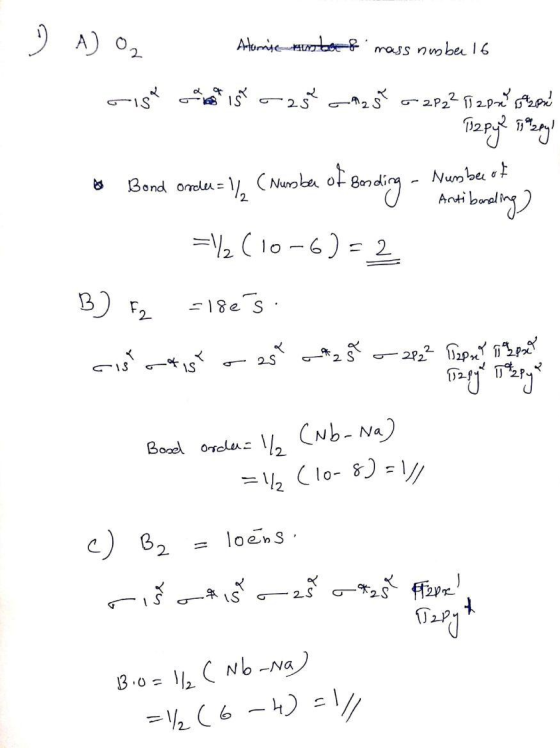A) O Atornierboef nass nube 16 5- - 1 -23 , 23 - 2227 220- 24 102ts? F2 o Bond order = 14 C Herole of Beding - Montecating =\