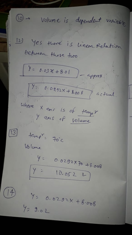 0 volume is dependent variable 12.) yes between there is linear Relation those two TY=0.034 + 8.01 - approx. Ya 0.02924 + 8.0