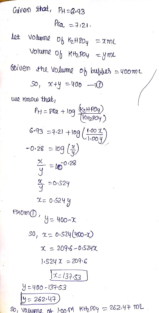 Given that, PH=6,93 . Pra =7121- det Volume of K2HPO4 = xml Volume of KiHz POU zyme oriven the volume of butter = 400m2 So, x