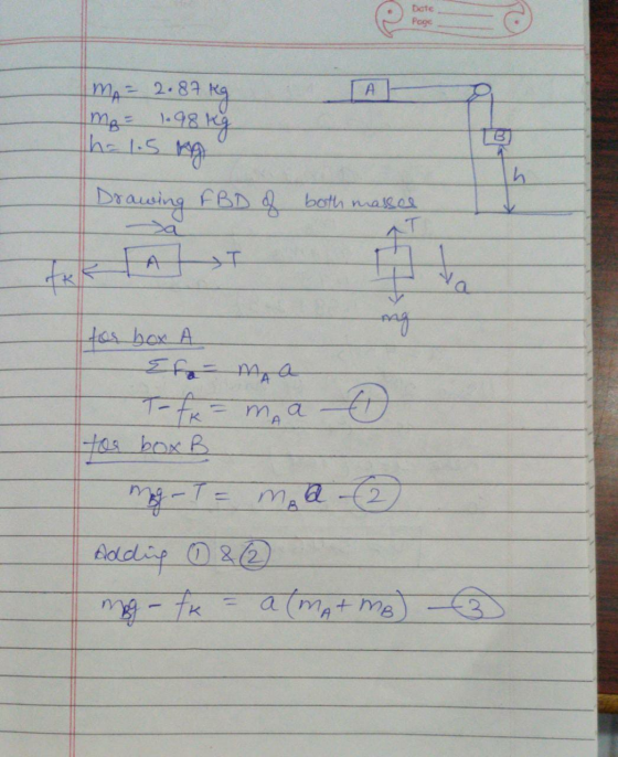 Date Page TAL mA = 2.87 kg me = 1.98 kg h=1.5 kg h Drawing FBD of both massee AT A 119 ng for box A {fo ma T- fx=ma too box B