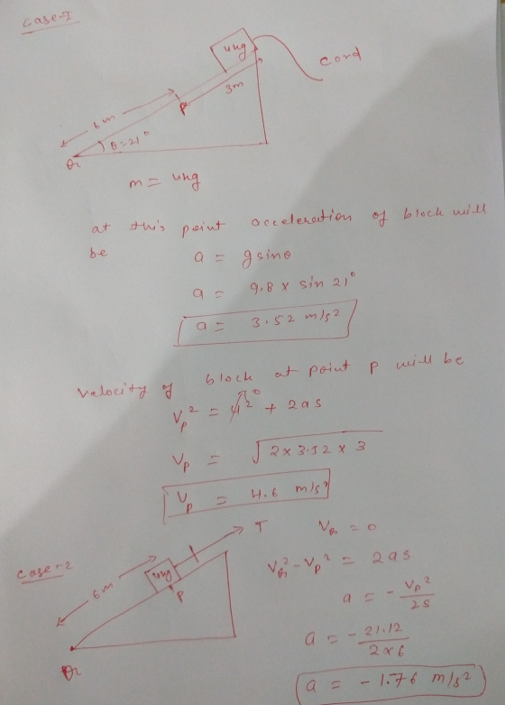 case- ung cond 3m fm 70=210 ung at thys peint be a = acceleration of block will gsino 9.8 X sin 21° a- 3.52 mis2 block at po