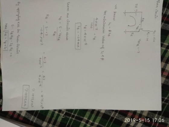 eiuit Sy 5V RE ue pnow 1g 4 x 10-5 fscom tuu iscuit abous G-VBE. 3 2 04 X10 3 > 1075X102 KVL in ulu uruut