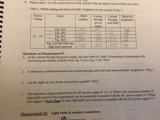 8. Repeat steps 1 to 4 for circuit shown in Fig. 5(d) but with one bulb is removed from its socket. Table 2 DMM reading and observed bulbs brightness for the circuits in Fig. 5 Source voltage Cases DMM Current Current Observed reading tgh through Brightness power each bulb supply Fig. 5(a) Fig. 5(b) Fig. 5(c) Fig. 5(d) Fig. 5(d) but with one 637 i hiah 2 light bulb removedx Questions on Measurement #2: 1. Is the current through the power supply and each bulb (in Table 2) increasing or decreasing with increasing the number of bulbs from Fig. 5 (a) to Fig. 5 (d)? Why? 2. Is there any correlation between the current through each bulb and observed bulbs brightness? Why? 3. Are the lights at your home connected in parallel? Why? 4. The maximum output current fromthe DC power supply #1 is 2 A. What is the maximum number of light bulbs (used in this experiment) can be connected in parallel with the DC power supply #1? What will happen if more than 10 such light bulbs are connected in parallel with the DC power supply #1? Measurement #3: Light bulbs in complex connections