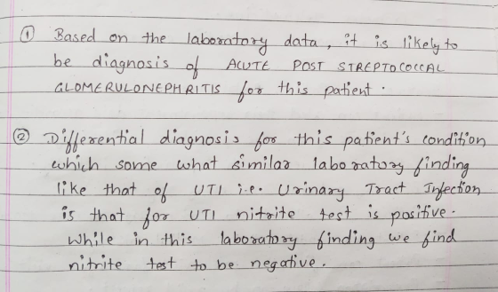 0 I Based on the laboratory be diagnosis of ACUTE GLOMERULONEPHRITIS for data, it is likely to POST STREPTOCOCCAL this patien