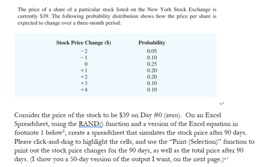 The price of a share of a particular stock listed on the New York Stock Exchange is currently $39. The following probability