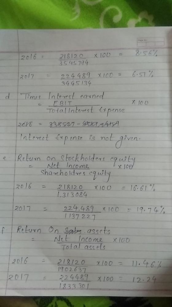 8.56% 6.57% 2016 : 218120 x 100 = 3545794 2017 - 224 489 x 100 = 3445134 Times Interest earned - EBIT Total Interest t d X 10