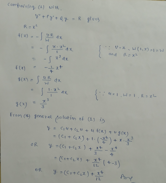 compairing (1) with, y + Pyt Qy = R gives 2 R = x² f(x) =-) wR de xixdx -sx.x² -S v=x,W(1,2)=1=W and Rad? 03 da *** f(x) 9-