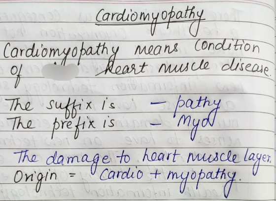 Cardiomyopathy Cardiomyopathy means condition heart muscle disease o oit mot The suffix is si - pathy The prefix is - myot Th