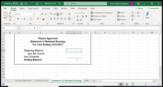 AutoSave Off A 2 0 Milestone One - Ex... Search Paul Hudson-Bourdeau - X Comments File Home Insert Page Layout Formulas Data