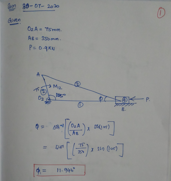 Soin 30-07-2020 0 Given Oz A = 75mm. AB=350mm. P=0.9kn A M12 75 1550 02 07 - P. B. OzA AB Х SP (105) (05) 75 sin x Sin (los)