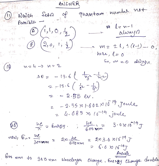 иа ч — Иг 9 ANSWERS ① wrich Setto of quantam number not - Possible - да м-т с (1,1, 0, 4) - . always Мz +1, + (1-0). – . wя,